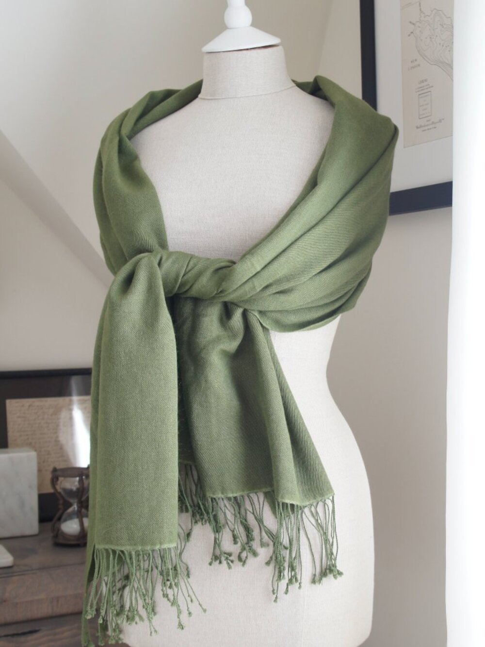 Large Vintage Olive Green Pashmina & Silk Scarf Shawl